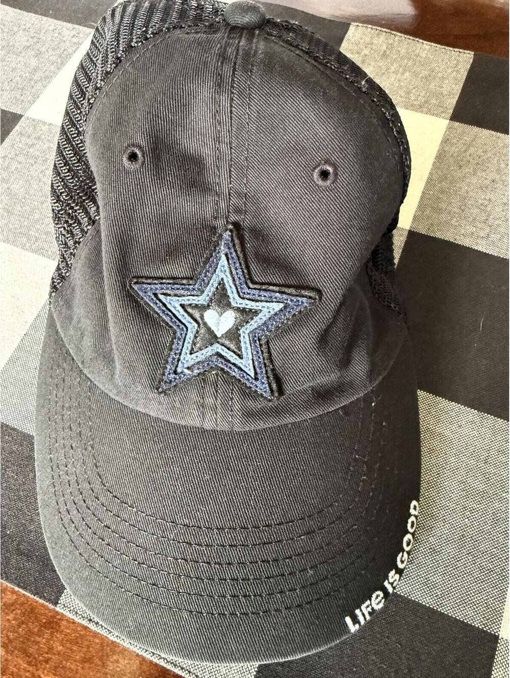 Life is Good Black Mesh Back Baseball Cap Star Heart Patch